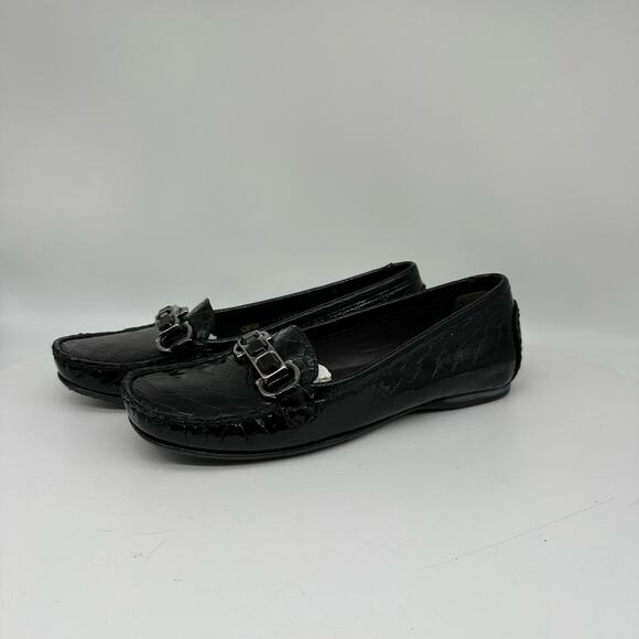 Stuart Weitzman Patent Leather Croc Embossed Wedge Buckle Loafer Women’s 4 - Picture 8 of 15